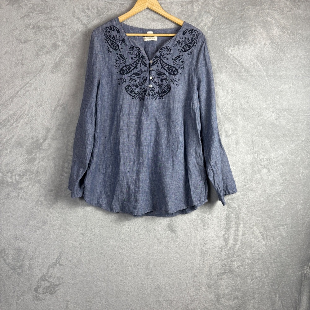 Cynthia Rowley Linen Blouse Embroidered Tunic Size M Blue Long Sleeve Boho